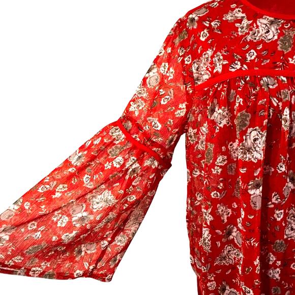 Lucky Brand peasant blouse size M Boho 3/4 sleeve casual orange tan floral sheer - Picture 3 of 8